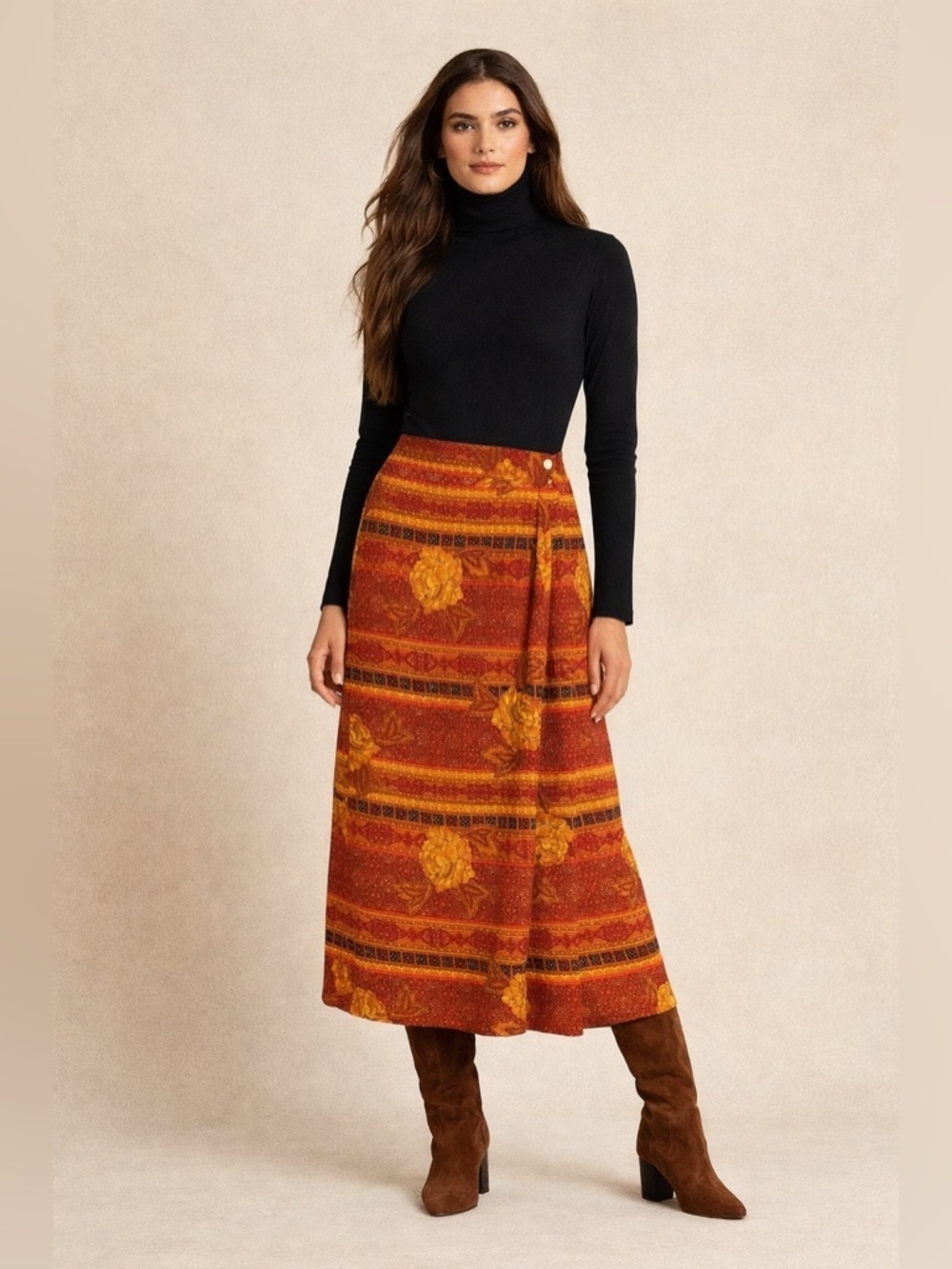 Elegant Dark Floral Maxi Skirt in Red and Gold 16W